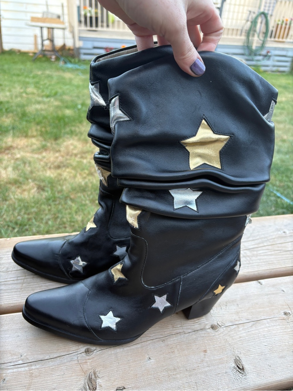 Naughty Monkey Metallic Stars Ruched Leather Cowboy Boots Sz 6